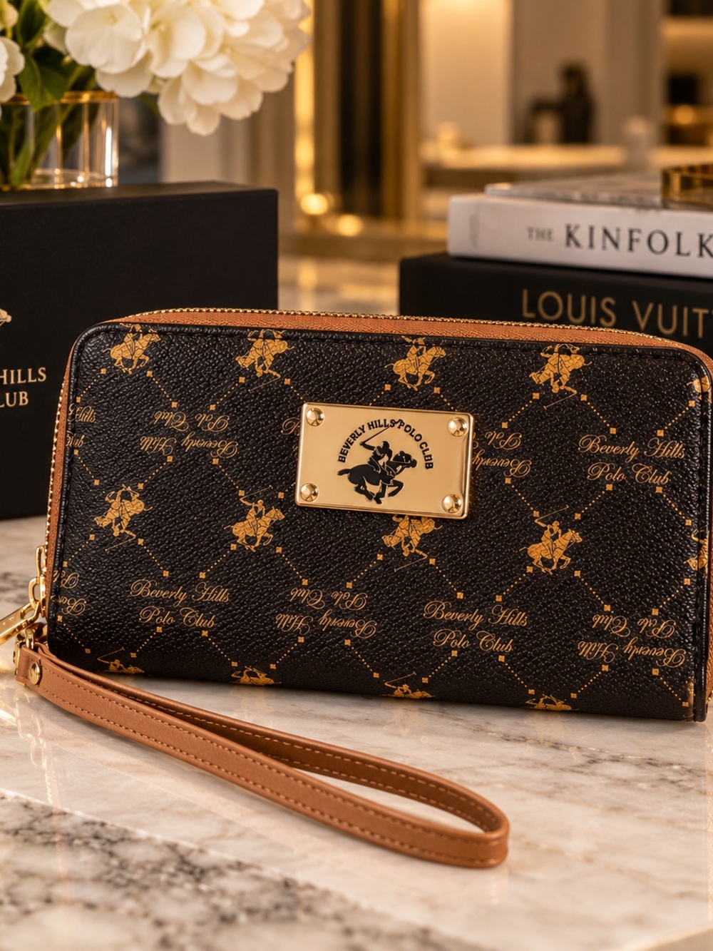 Beverly Hills Polo Club Black Gold Monogram Zip-Around Wallet Wristlet NWOT